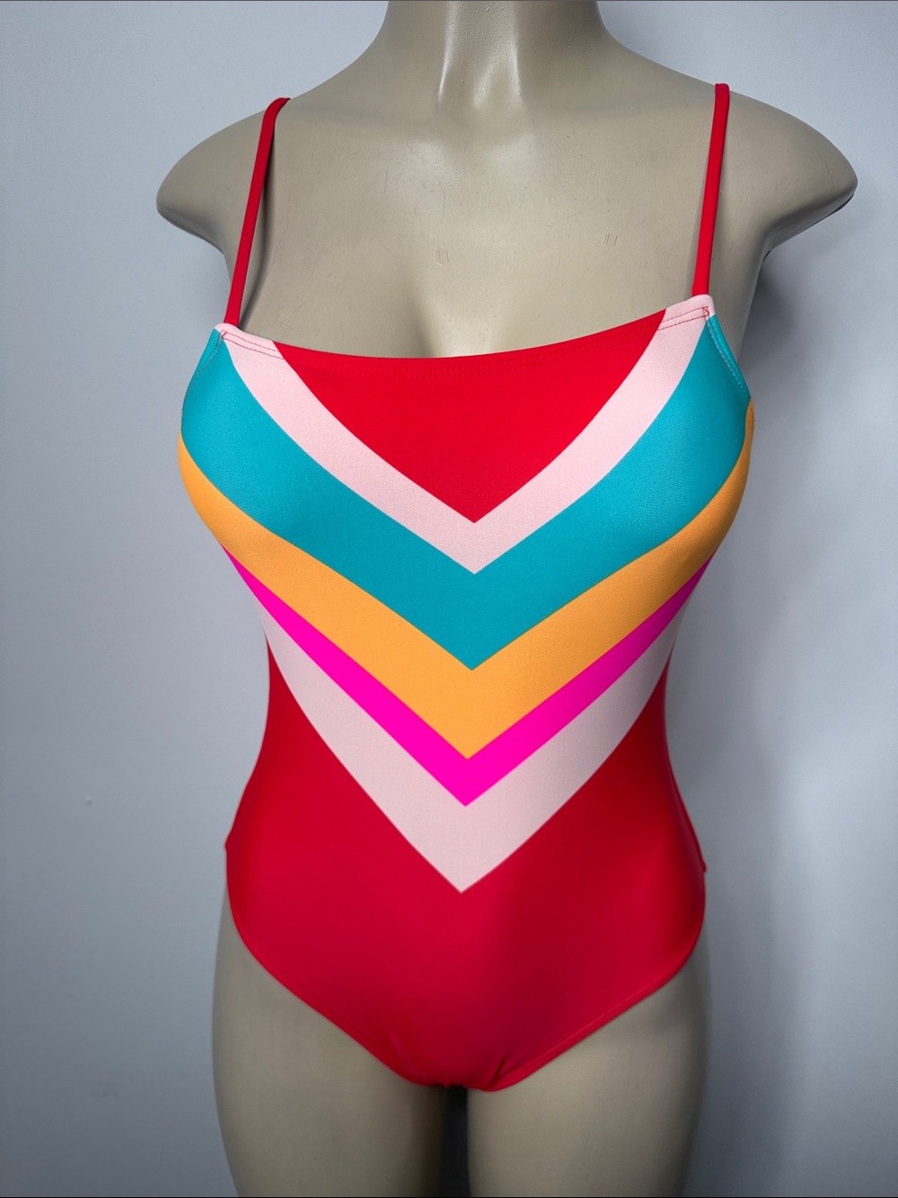 Xhilaration Red Chevron Stripe One-Piece Swimsuit with Turquoise, Yellow & Pink